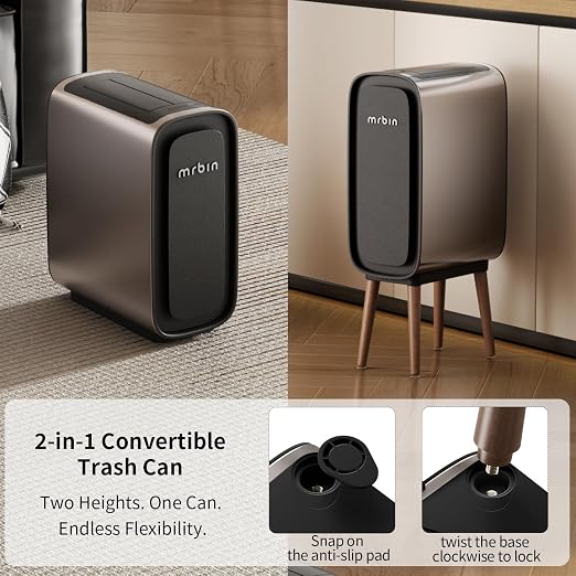 MRBIN 2.4 Gallon Slim Automatic Trash Can with Legs, Touchless Butterfly Sliding Lid, Magnetic Odor Lock, 9L Convertible Height Waste Bin for Bedroom, Bathroom