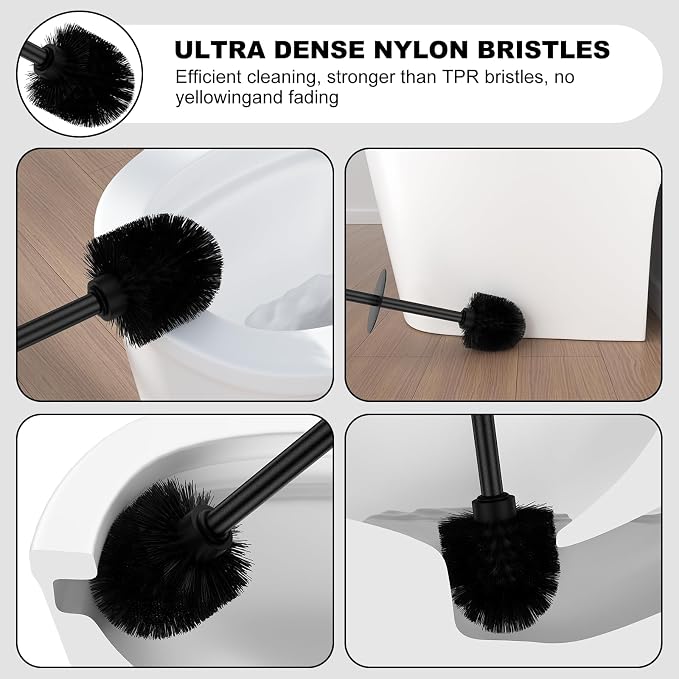 Black Toilet Brush and Holder Set，2 Pack Stainless Steel Heavy Duty Toilet Bowl Brush，Extra Long Handled Modern Toilet Cleaner Brush with Replaceable Head, Removable Inner Bowl, and Splash Protection
