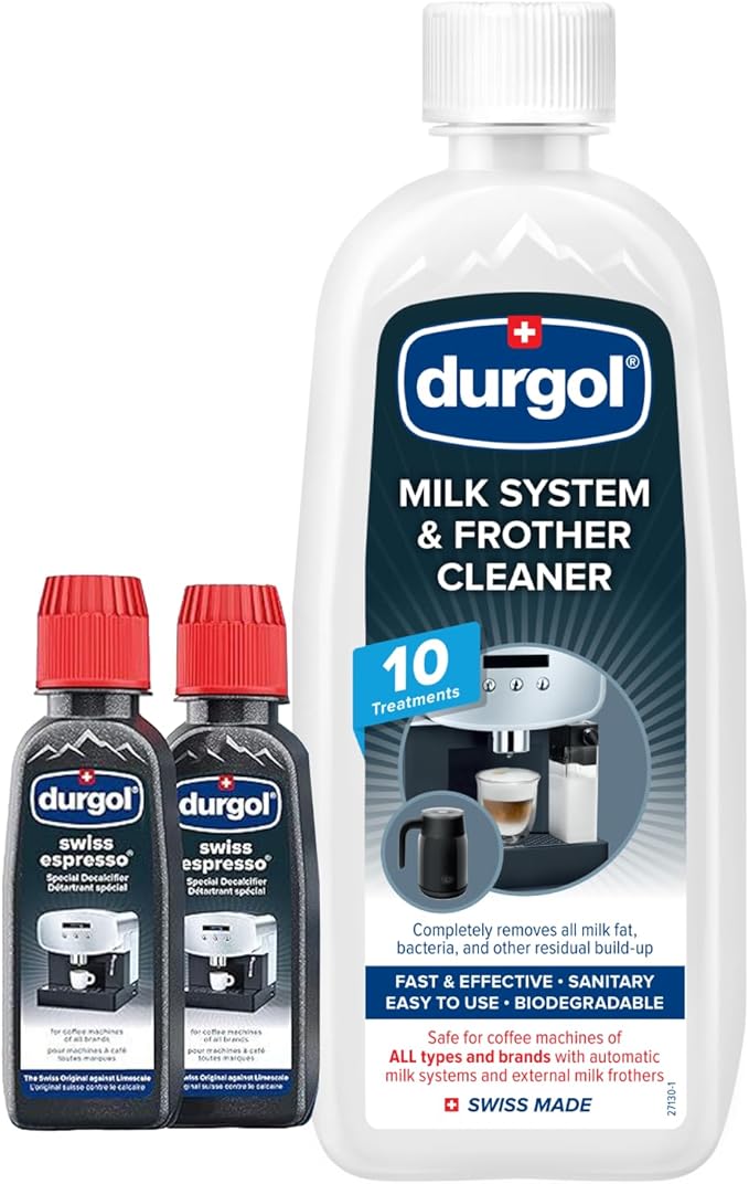 Durgol Swiss Espresso, Descaler and Decalcifier, 4.2 Fluid Ounces (Pack of 2) Milk System and Frother Cleaner for All Brands of Coffee Makers, External Milk Frothers, 16.9 Ounce, White