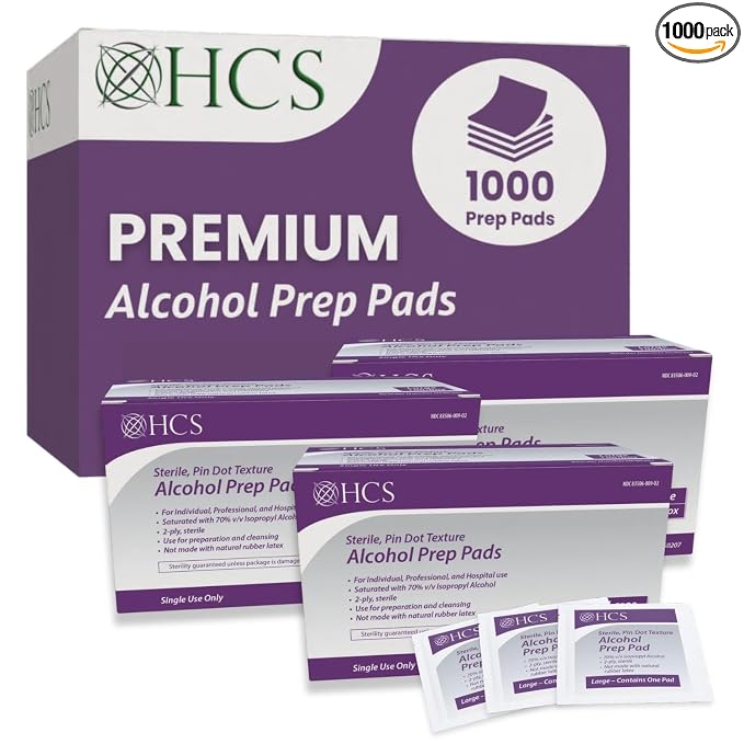 HCS Bulk Large Alcohol Prep Pads - Textured, 70% Isopropyl Alcohol Wipes, Individually Wrapped - 2 ply Sterile Skin Prep Swabs for Injections, First Aid (1000/Case)