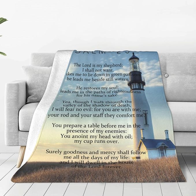 Psalm 23 Blanket Christian Lighthouse Gifts Religious Bible Verse Scripture Throw Blanket Comfy Plush Flannel Fleece Warm Soft Fluffy Fuzzy Blanket for Prayer Women Teens for Bed Sofa Couch 60"X80"