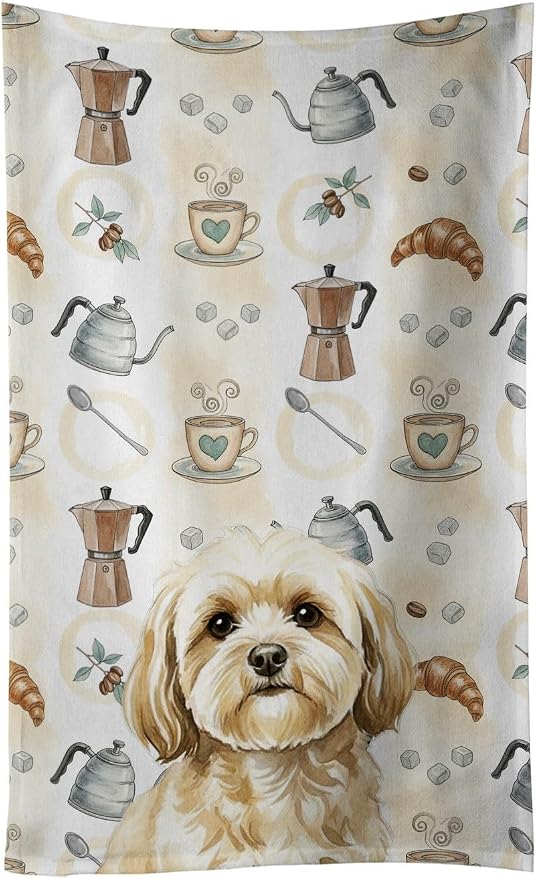 Caroline's Treasures Cream Lhasa Apso Coffee Bar Kitchen Towel Velour Plush Front and Cotton Loop Back Machine Washable