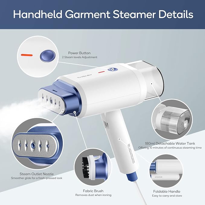 Newbealer Steamer for Clothes, 2 Steam Levels & Dry Iron, 120V Only (Blue) | Foldable & 20s Fast Heat, 360°Anti-Spill, 1200W 180ml Handheld Fabric Wrinkle Remover, 1.5 lbs Compact Size for Trip/Home
