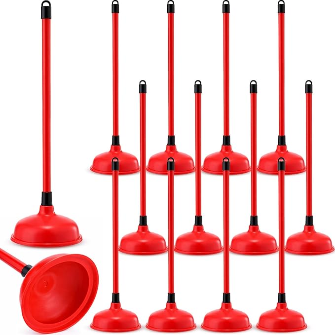 Reallnaive 12 Pack Toilet Plungers Bulk with 19.7 Inch Long Handle Force Suction Cup Rubber Plunger for Bathroom to Fix Clogged Toilets Drains (Red)