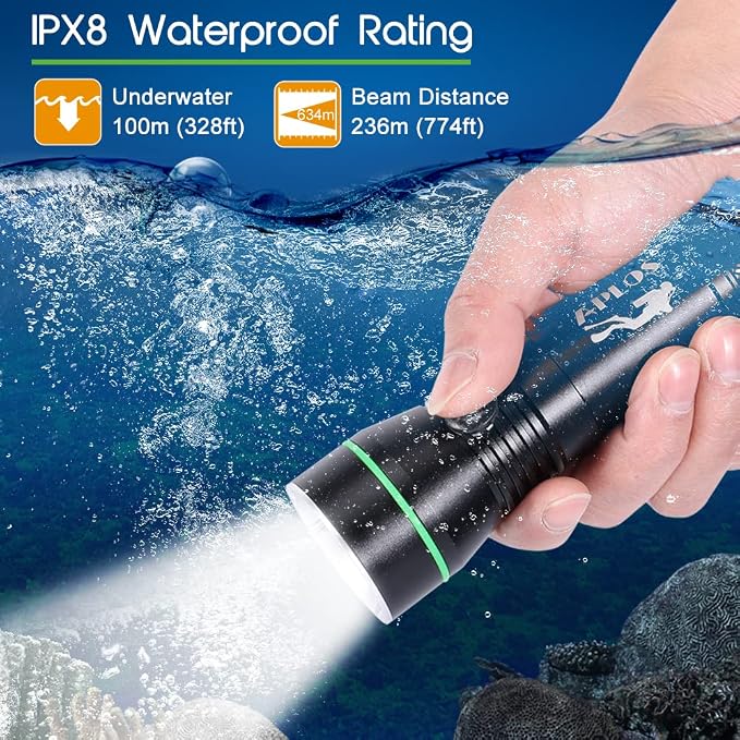 APLOS AP30 3000lm Diving Flashlight with 3 Modes, Power Indicator, IPX8 Waterproof Professional Rechargeable Dive Light