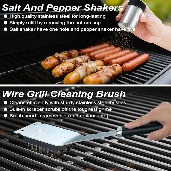 POLIGO 22 PCS BBQ Grill Accessories Set in Aluminum Case Bundle with 2 Different Types Safe Grill Brush and Scraper for All Barbecue Grills - Ideal Birthday Christmas BBQ Set Gifts for Men Dad