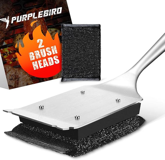 PURPLEBIRD Grill Brush Bristle Free for Outdoor Grill, 3 in 1 BBQ Brush with Scraper & Bottle Opener, Grills Cleaning Brushes with 1 Replacement Head, Grills Scrubber with Wood Handle