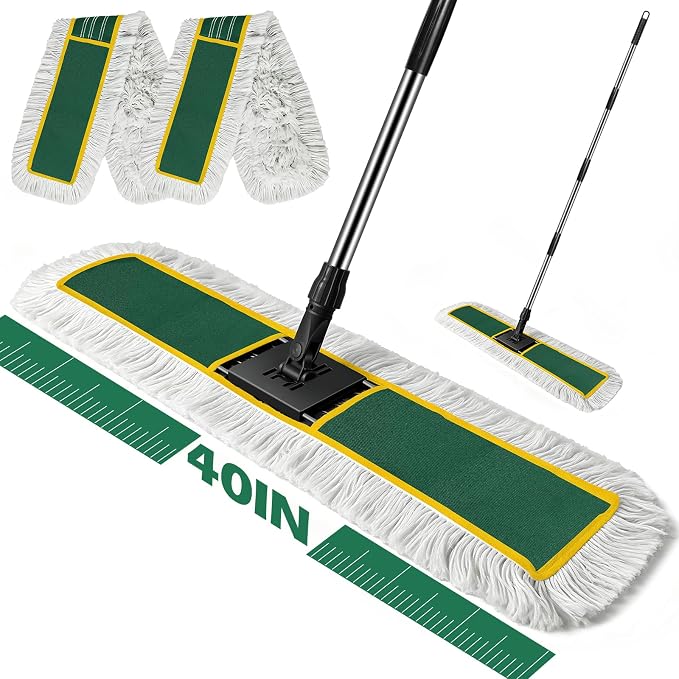 MASTERTOP 40" Commercial Dust Mop for Floor Cleaning, Heavy Duty Flat Mop | Industrial 64" Long Handle Push Broom with 2 Cotton Pads for Hardwood, Tile, Laminate, Concrete, Warehouse & Gym Cleaning