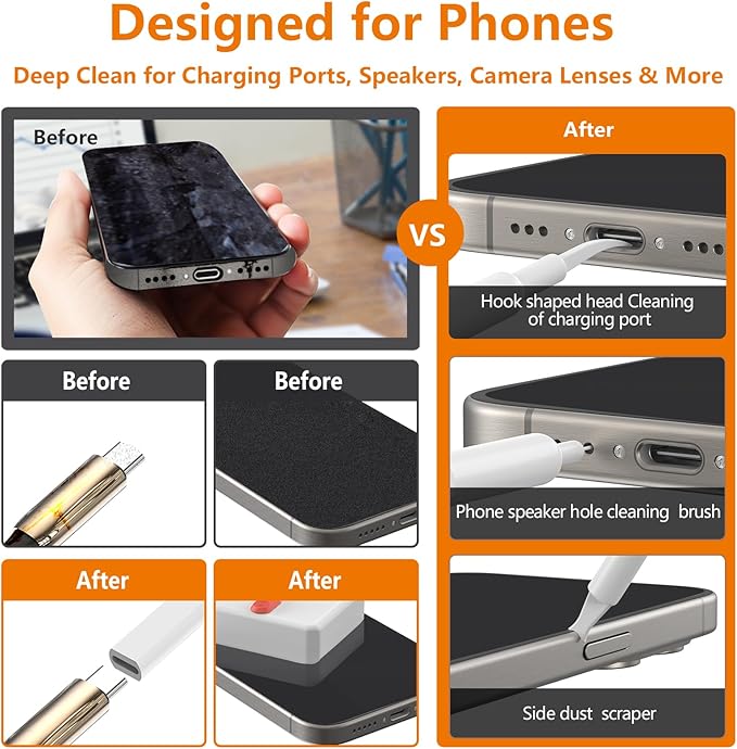 Cell Phone Cleaning Kit, iPhone Cleaning Kit for Charging Port Cleaner Keyboard Cleaning Kit for Airpods/Android/USB C/Earbuds/Laptop/iPad/Camera Lens with Stylus Pen (White)