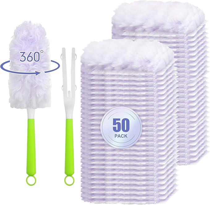 50 Count 360° Multi-Surface Feather Duster Refills, Compatible with Swiffer Dusters, Thickened Heavy-Duty Material Disposable Dusters Kit Includes 2 Handle for Efficient Cleaning