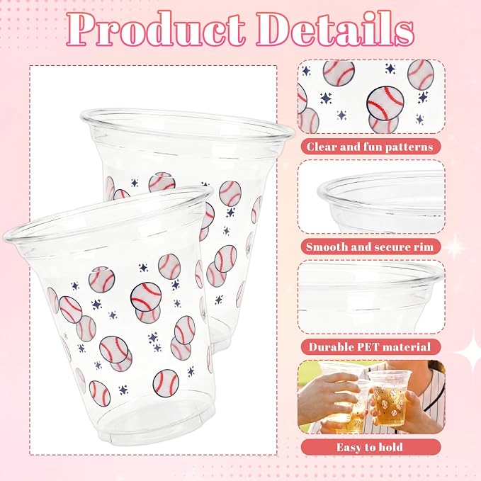 100 Pack 12 oz Baseball Cups, Baseball Party Decorations, Disposable Clear Plastic Baseball Cup, Baseball Themed Party Supplies for Birthday Sports Team Events Holiday Gatherings