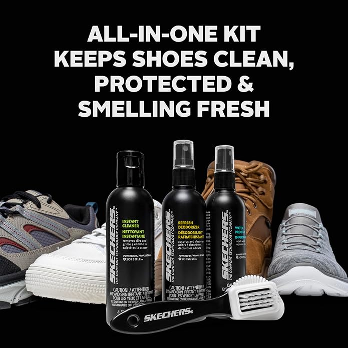 Sof Sole x Skechers Shoe Care Kit – All-in-One Shoe Cleaning Kit with Sneaker Cleaner, Shoe Deodorizer, Waterproof Spray & Brush – 4 oz Bottles with Pump Sprayers – Shoe Care for Athletic Shoes