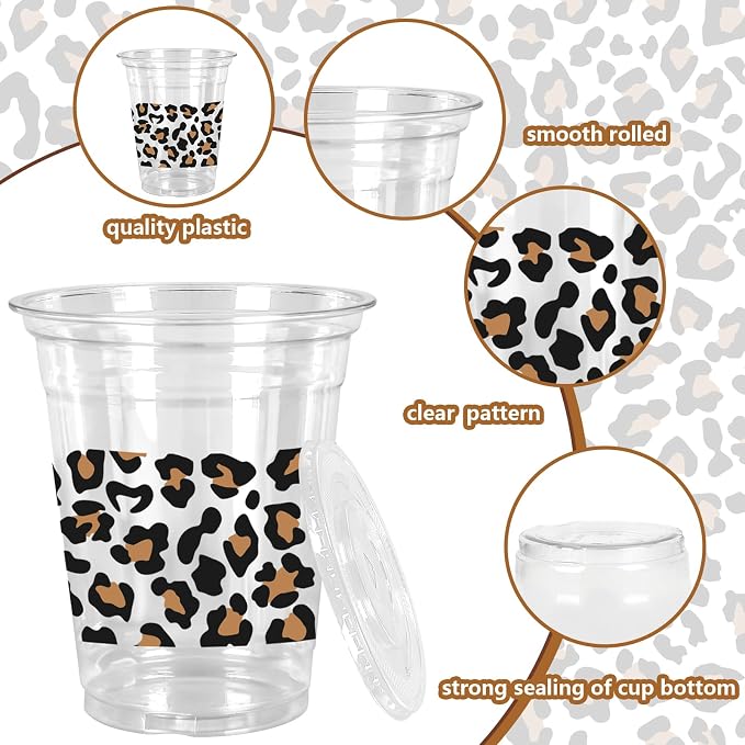 Whaline 50 Pcs Cheetah Plastic Cups with Lids and Straws Leopard Clear Plastic Cups 12 Oz Disposable Cup for Holiday Birthday Party Supplies