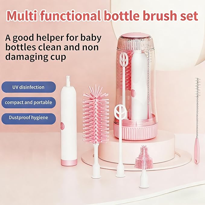 Portable Electric Silicone Bottle Brush Set, 7-in-1 UV LIGHT USB Charging, Nipple/Straw Cleaner, Milk Mixer, Built-in Drying Rack & Storage Case, BPA-Free, IPX7, On-the-Go for New Parents (Blush)