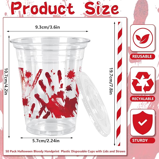 Whaline 50Pcs Halloween Disposable Plastic Cups with Lids & Straws 12oz Bloody Handprint Clear Cold Beverage Drinking Cups for Home Party Supplies