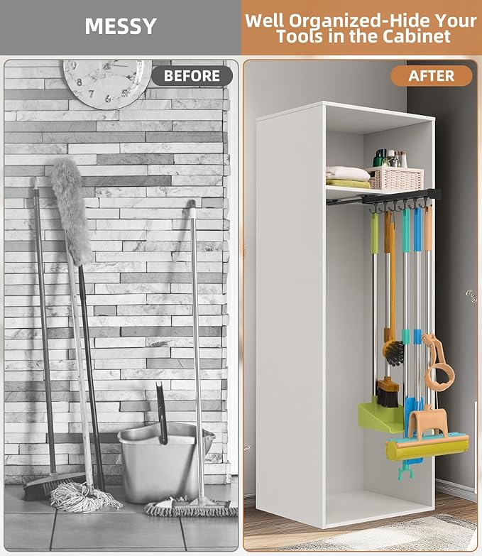 Pull Out Broom Holder With Adjustable Double Row Sliding Hook, Multifunctional Slide Broom And Mop Storage/Organizer Garage Organization Hooks, for Closet Laundry Garage - 36cm/14.17in