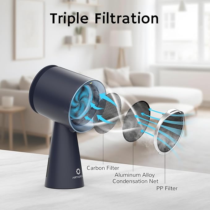 AIRTHEREAL Portable Range Hood with Rechargeable Battery Powered, 3-Speed Suction, Desktop Exhaust Fan for Kitchen, with Extra Grease Filter and Replacement Activated Carbon Filters RH180B Blue