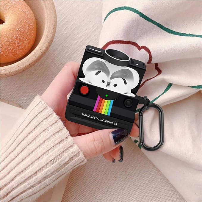 Retro Cases for Apple Airpods 4 Case Cover Women - VISOOM Cute Silicone Camera Airpods 4th Generation Case Keychain with Cleaner Kit,Support Magsafe Charging for iPod Air Pod 4 Cases-Black