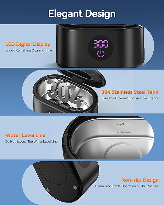 Ultrasonic Jewelry Cleaner, 48KHz Ultrasonic Cleaner Machine with 20oz 304 Stainless Steel Tank, Dual Modes & LED Display - for Jewelry, Eyeglasses, Watches, Dentures, Retainers & More-Black