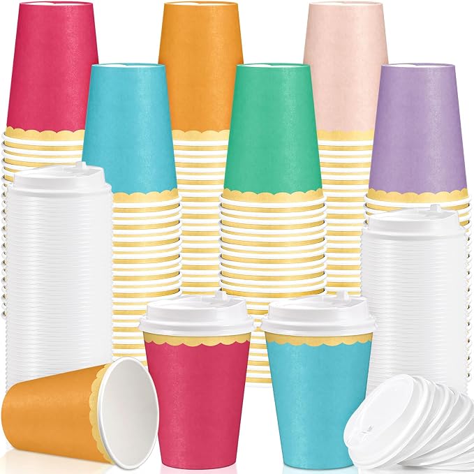 Willinglong 60 Pcs Fall Disposable Paper Cups with Lids 12oz Thanksgiving Coffee Cups with Golden Lace Drinkware for Birthday Baby Shower Bride Holiday Party Business Events DIY Supplies(Candy Colors)