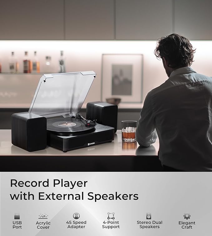 Vangoa Vinyl Record Player with Bookshelf Speakers Bluetooth Vintage Turntable for Vinyl Records Belt-Drive 3 Speed Portable LP Players Wooden Vinyl Players Auto Stop with Cleaning Kits, Black