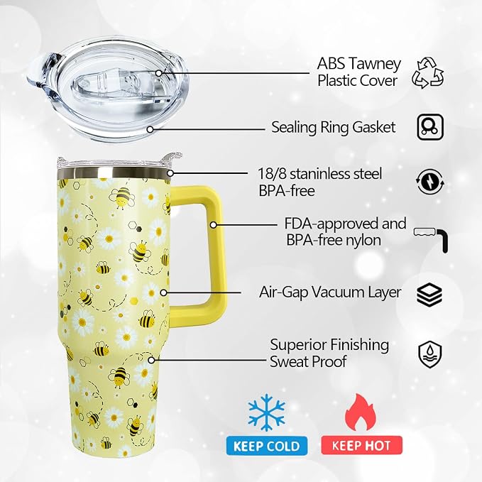 Ceovfoi 40oz Bee tumbler With Handle Lid and Straw,Coffee Mug Cup Skinny Tumbler Water Bottles,Honey themed Gifts for Women Daisy Flowers,Bee Decor