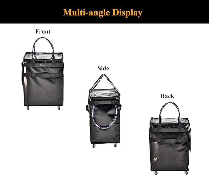 Reusable Grocery Bag On Wheels Large Capacity Shopping Trolley Foldable Rolling Tote Bag with Heavy Duty Handle for Travel (Black, Large)