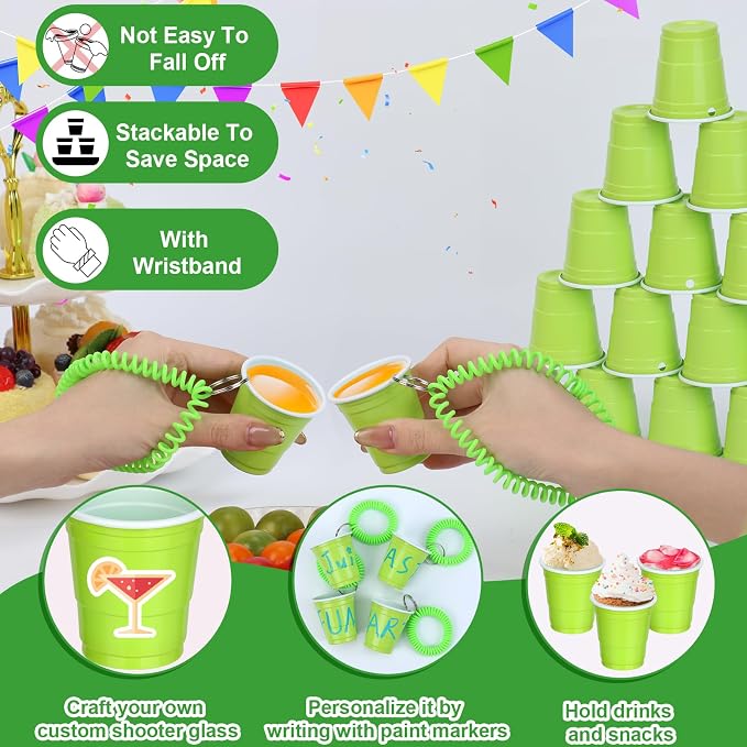 30 Pcs Green Shot Cups with Wristband for Party 2oz Plastic Shot Glasses Bulk Disposable Mini Shot Glasses with Bracelet Wear On Solo Cups for Party Wedding Birthday Baby Shower Graduation