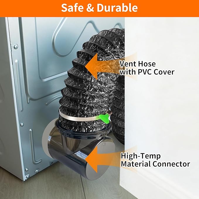 Dryer Vent Hose Connector Kit for Tight Spaces, 90° Elbow with 4-Inch 6.5FT PVC Hose, Transparent Black Upgrade, Tool-Free Installation