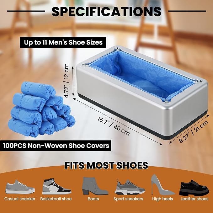 Automatic Shoe Cover Dispenser with 100 Non-Woven Shoe Covers, Hands-Free Design for Home, Office & Laboratory, Durable Silver Machine Keeps Floors Clean, Shoe Cover Machine