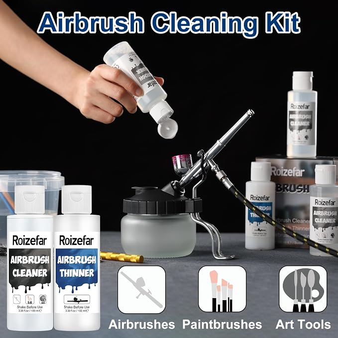 Roizefar Airbrush Cleaning Kit, Airbrush Cleaning Pot with 6 Airbrush Cleaner and 2 Thinner (3.38 oz/ 100 ml) Easily Works with Water-Based and Acrylic Paints, Perfect for Airbrushes and Art Tools