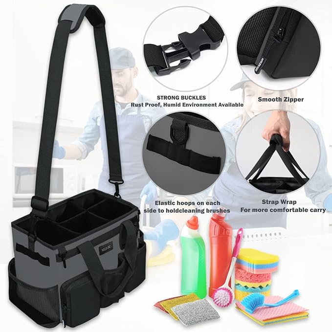 Wearable Cleaning Caddy Bag,Cleaning Supply Tote for Cleaning Supplies, Cleaning Organizer with Adjustable Shoulder and Waist Straps for Cleaners & Housekeepers (Grey, Large)