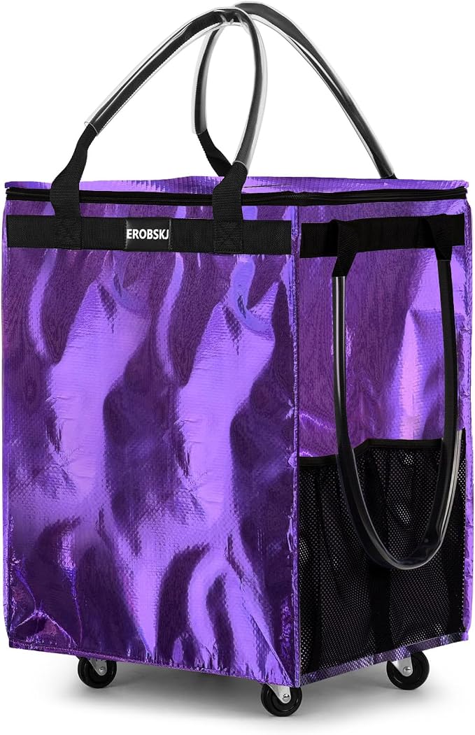 (Medium, Light Purple) Reusable Grocery Bag on Wheels, 70L Foldable Rolling Tote, Carries Up to 66 lbs Shopping Trolley, Zipper Clouser Shopping Carts for Trips, Laundry, Camping, Moving
