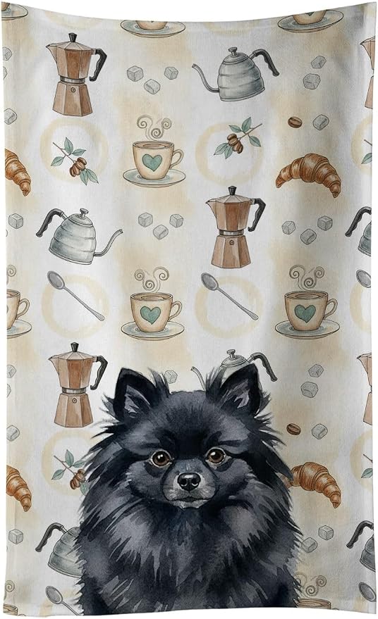 Caroline's Treasures Black Pomeranian Coffee Bar Kitchen Towel Velour Plush Front and Cotton Loop Back Machine Washable