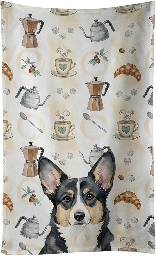 Caroline's Treasures Black and White Cardigan Welsh Corgi Coffee Bar Kitchen Towel Velour Plush Front and Cotton Loop Back Machine Washable