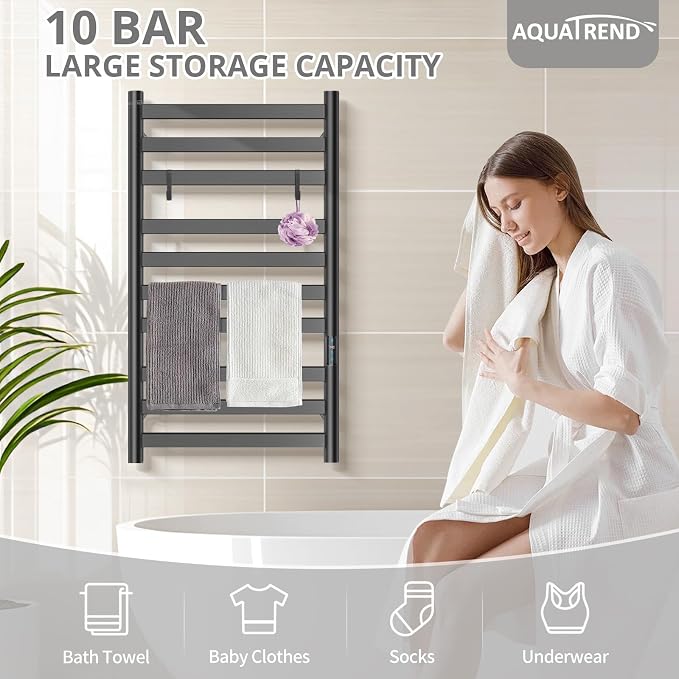 Heated Towel Rack for Bathroom, Hot Towel Warmer Rack Large 10 Bar Electric Hot Towel Warmer, Stainless Steel Wall Mounted Rack with LED Built-in Timer, Plug-in, Fast Heating, Black