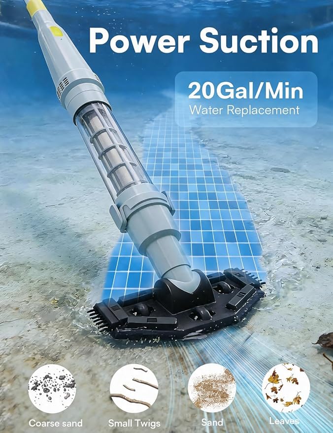 Handheld Spa Hot Tub Vacuum - Cordless Small Above Ground Pool Vacuum, 90-Min Runtime, 20 GPM Powerful Suction, Rechargeable, Ideal for Cleaning Debris and Sand Underwater, with 2 Brush Heads, Navy