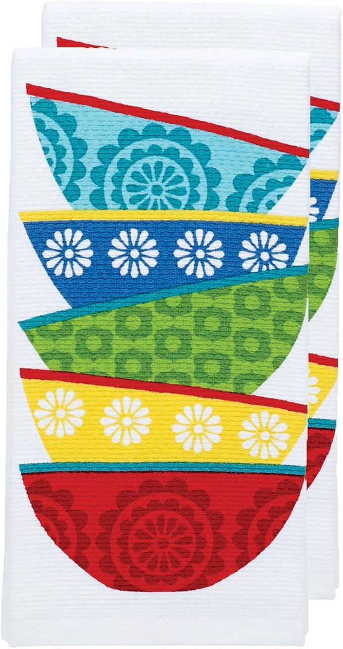 T-Fal Textiles Double Sided Print Woven Cotton Kitchen Dish Towel Set, 2-Pack, 16" x 26", Dish Stack Print