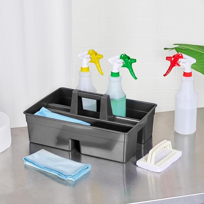 Restaurantware-RW Clean 15.9 x 10.6 x 6.9 Inch Cleaning Caddy, 1 Triple Compartment Cleaning Supply Caddy - With Handle, Crack-Resistant, Black Plastic Cleaning Basket, For Cleaning Supplies,