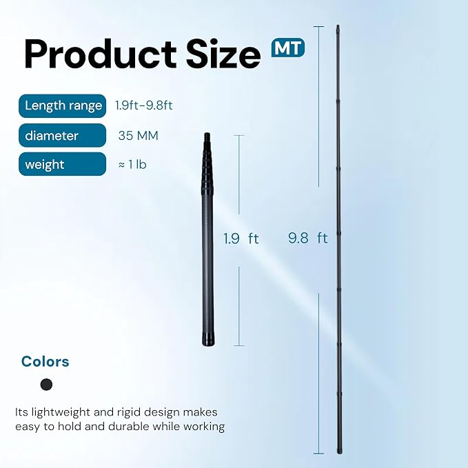 Carbon Fiber Extension Pole, 1.9 to 9.8 ft Lightweight Telescoping Pole with Threaded Metal Tip for Paint Roller, Cobweb Duster, Window Cleaning & High Dusting