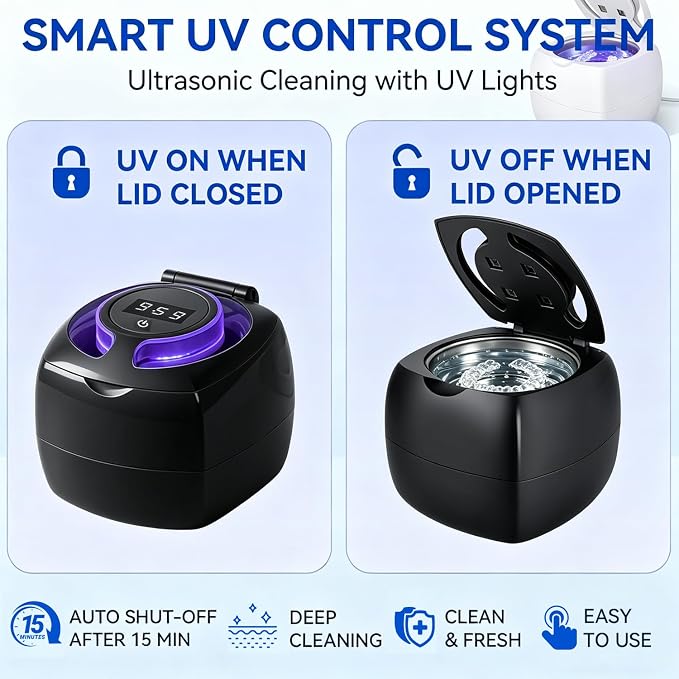 Ultrasonic Retainer Cleaner Machine, 340ml 48kHz Ultrasonic Cleaner for Retainers, Dentures, Mouth Guard & Jewelry,4 Cleaning Modes, Large Capacity Tank,Portable Quiet Design with UV Light,Black