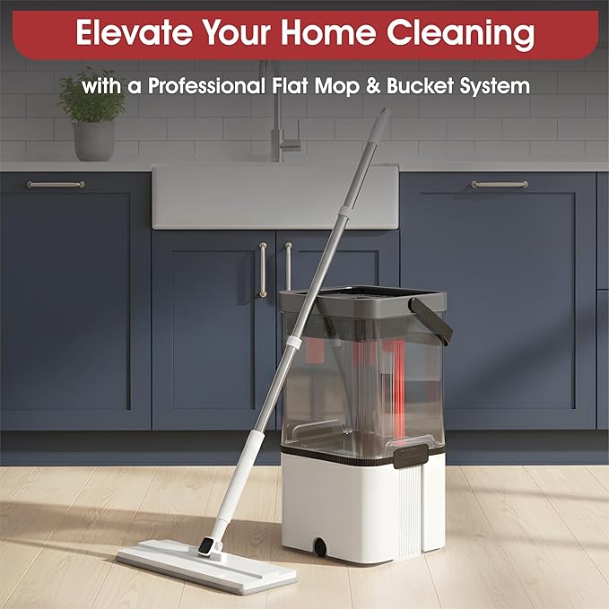 Self Cleaning No Dirt Flat Extendable Mop & Transparent Bucket System,Dual Chamber Design for Clean/Dirty Water Separation,Includes Microfiber Pads,Wet & Dry Floor Mop 360 (4 Refills)
