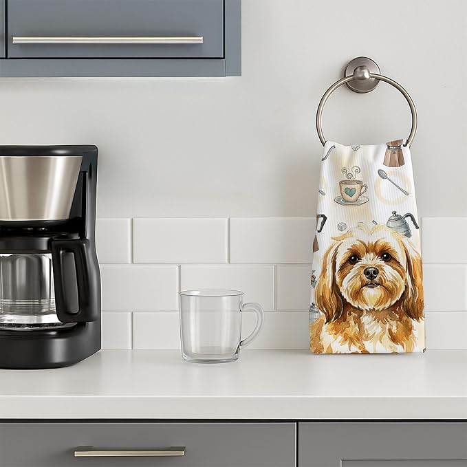 Caroline's Treasures Gold Lhasa Apso Coffee Bar Kitchen Towel Velour Plush Front and Cotton Loop Back Machine Washable