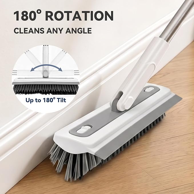 3 in 1 Floor Scrub Brush with Long Handle, Household Push Broom with V-Shaped Stiff Bristles, Detachable Head with Squeegee and Tweezer, Heavy Duty Scrubber Deck Brush for Bathroom Tile Patio Garage