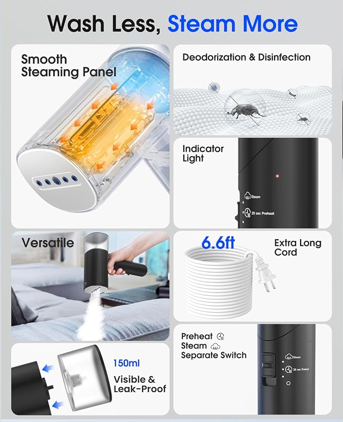 Handheld Steamer for Clothes, 1200W Foldable Travel Steamer, 20 Sec Preheat Garments Wrinkle Remover, 120V Portable Hand Iron with 150ml Water Tank, Clothes Steamer for Home Travel Black
