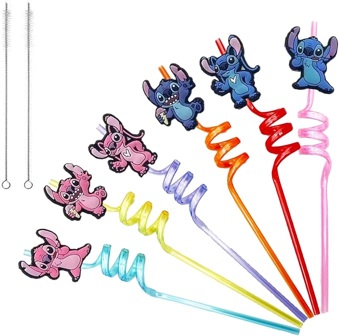 30pcs Stitch Straws Stitch Party Supplies Favors With 2pcs Cleaning Brush Plastic Reusable Straws Birthday Party Supplies For Boys Girls