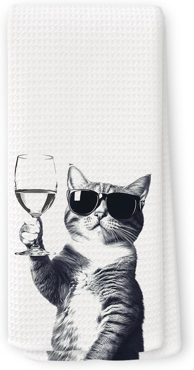Funny Cat Wine Kitchen Towels, Gifts for Dog Wine Lovers, Bar Accessories Dish Tea Towels for Kitchen, Dog Owners Housewarming Gift Decorative Hand Towel 16x24 Inch