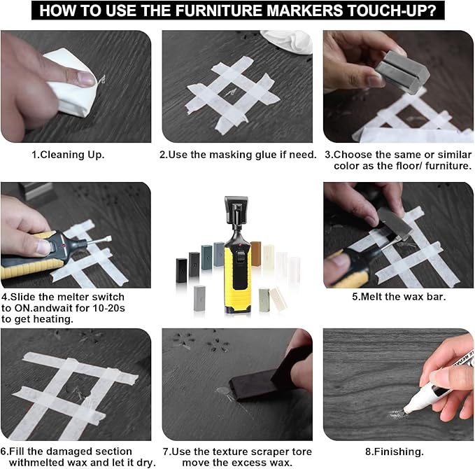 Hardwood Floor Repair Kit -11PCS Laminate Vinyl Floor Wax with 8PCS Wood Furniture Touch Up Marker,Professional Restoration The Scratches, Stains,Holes on Any Wood Floor and Wooden Furniture