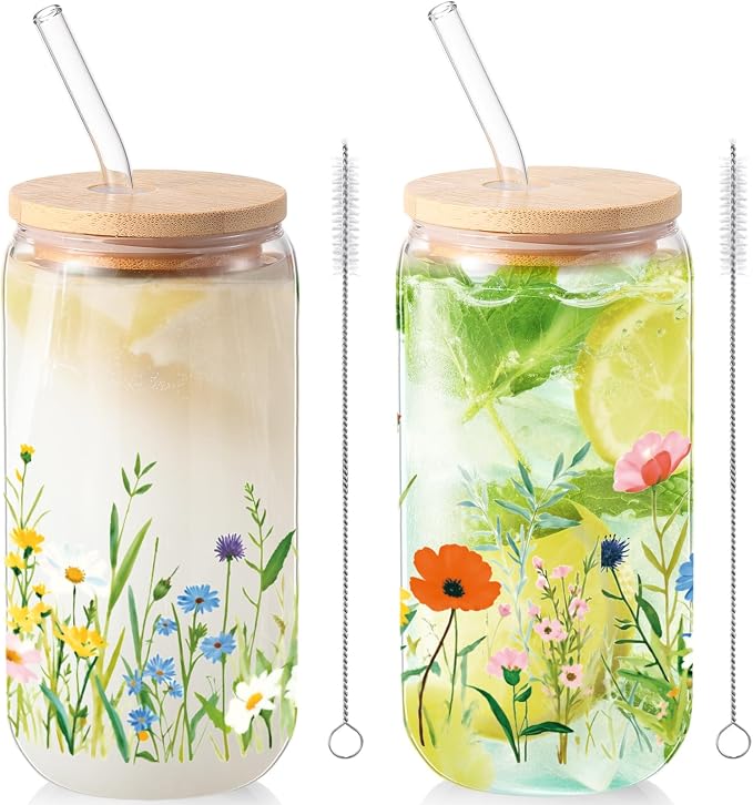 Sliner 2 Pcs Wildflower Glass Cups Floral Drinking Glasses Flower Iced Coffee Cup with Lid Straw 16 oz Cute Beer Can Tumbler Bridesmaid Gifts for Women Girl Holiday Summer Home Office Decorations