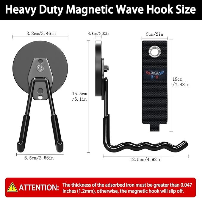 3-H Extra Strong Magnetic Hooks,Heavy Duty Large Anti-Slip Magnet Hooks Wave Shape,No-Drill Tool Holder for Garage,Power Drill,Garden Tools,Hose Storage,4 Pack Black